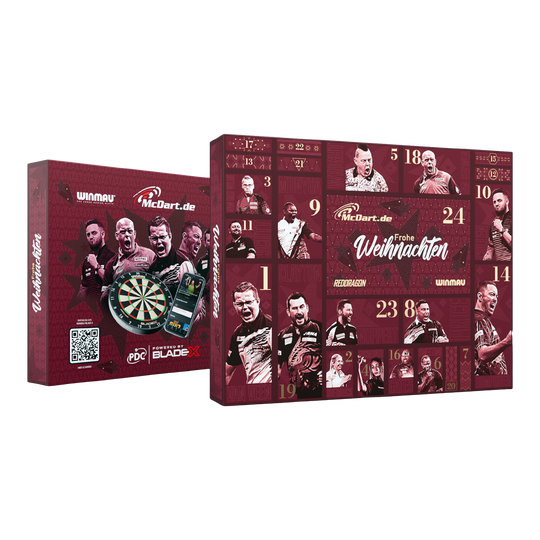 McDart Premium Advent Calendar 2026 for steel dart players Dieses Bild zeigt den McDart Premium Adventskalender 2026 für Steeldart-Spieler. Es ist ein spezieller Adventskalender für Freunde des Steeldart-Sports.