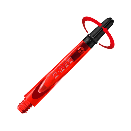 HR457_Harrows_Carbon_360_Shafts_Rot_49mm_2_Symbol Das Bild zeigt einen roten Dart-Schaft mit der Aufschrift "C-360". Der Hintergrund ist in leuchtenden Rottönen gehalten.