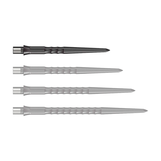 Abgebildet ist eine schwarze Steeldartspitze mit Ripple NoLip Design, 28 mm lang. Das Produkt gehört zum Caliburn Evo System.