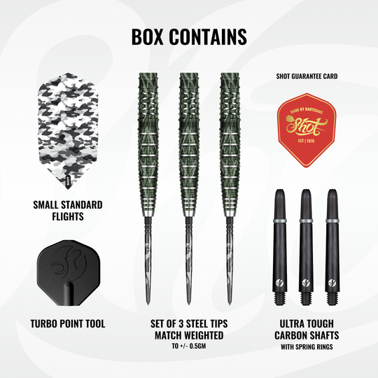 Shot Camo Ghillie Turbo Point Steeldarts - 23g Shot Camo Ghillie Turbo Point Steeldarts - 23g sind nebeneinander angeordnet. Die Darts heben sich durch ein Camouflage-Muster ab.