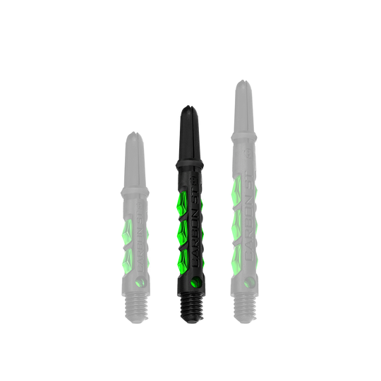 HR423_Harrows_Carbon_ST_Shafts_Gr-n_40mm_1 Das Bild zeigt drei Harrows Carbon ST Shafts in der Farbe Grün. Die Dartschäfte sind aus schwarzem Material mit grünen Akzenten gestaltet.