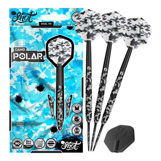 Shot Camo Polar Turbo Point Steeldarts Shot Camo Polar Turbo Point Steeldarts sind Dartpfeile im Tarnmuster. Sie liegen nebeneinander auf hellem Hintergrund.