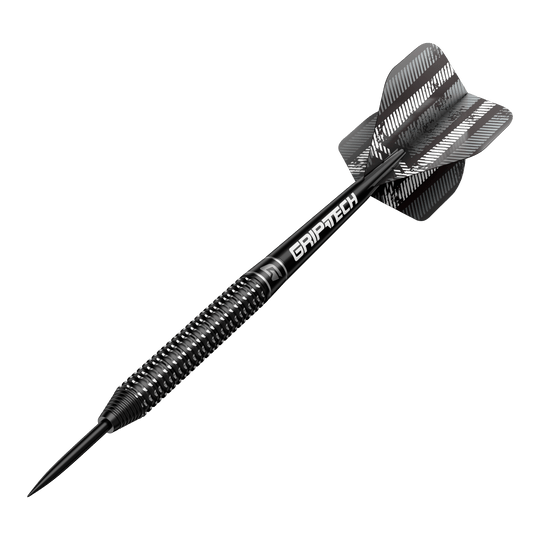 GOAT Sprocket Tungsten Steel Darts Das Bild zeigt einen GOAT Sprocket Tungsten Steeldart. Der Dartpfeil hat ein schwarz-silbernes Design mit der Aufschrift "GRIPTECH" auf dem Schaft.