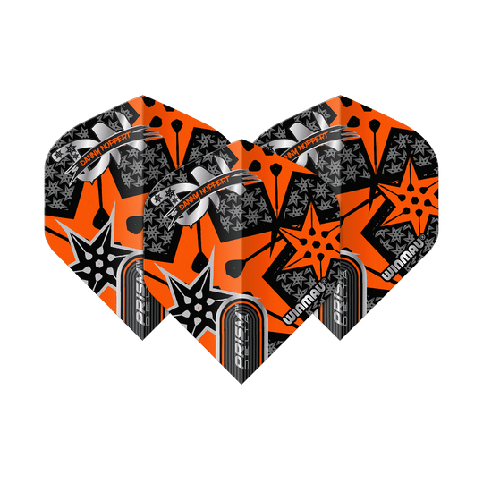 Das Bild zeigt drei Dart-Flights mit auffälligem orange-schwarzem Design. Auf den Flights steht "Danny Noppert" und "Winmau Prism Delta".