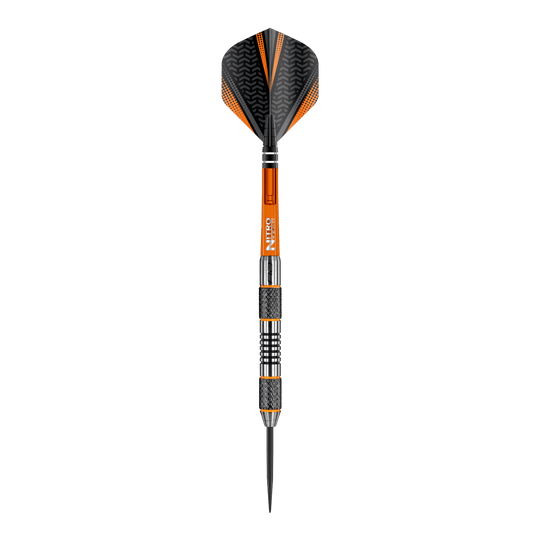 Red Dragon Amberjack 5 steel darts - 24g Dies ist ein Steeldart der Marke Red Dragon, Modell Amberjack 5 mit einem Gewicht von 24 Gramm. Der Dart hat ein schwarzes und orangefarbenes Design mit metallischen und geriffelten Griffbereichen.