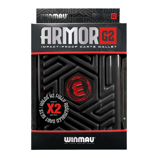Winmau Armor G2 Dart Wallet Dies ist eine schwarze, stoßfeste Darttasche der Marke Winmau namens "Armor G2". Sie bietet Platz für zwei komplett montierte Dart-Sets.