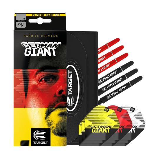 170006_Target_Gabriel_Clemens_Brass_Softdarts_3mAXOmv5yncQum Das Bild zeigt das Produkt "Target Gabriel Clemens Brass Softdarts - 18g" in seiner Verpackung. Es sind mehrere Dart-Schäfte und Flights in verschiedenen Farben neben der Verpackung zu sehen.