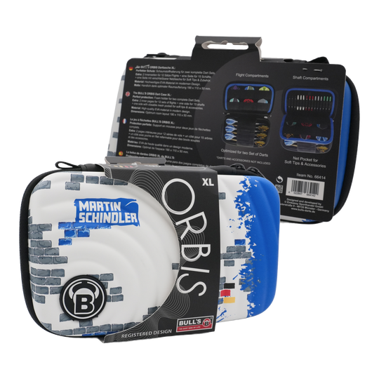 Bulls Orbis XL Martin Schindler dart case Das Bild zeigt das Produkt "Bulls Orbis XL Martin Schindler Dartcase". Das Dartcase ist weiß mit blauen und grauen Designelementen und bietet Platz für zwei Dart-Sets.