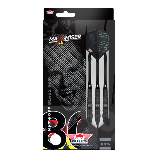Bulls NL Max Hopp Black Steel Darts Auf dem Bild sind Bulls NL Max Hopp Black Steeldarts zu erkennen. Die Darts werden einzeln und detailliert gezeigt.