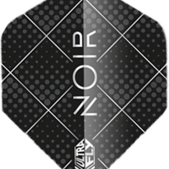 68789-Noir-Dot Das Bild zeigt ein Dart-Flügel-Design in Schwarz mit grauen Punkten und weißen diagonalen Linien. In der Mitte steht das Wort "NOIR" und unten ist das Logo "ULTRA FLY" zu sehen.