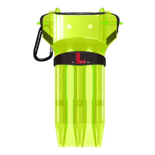 Das Bild zeigt ein neon-gelbes Dartcase von L-Style. Das Case hat einen schwarzen Verschluss und ist durchsichtig gestaltet.