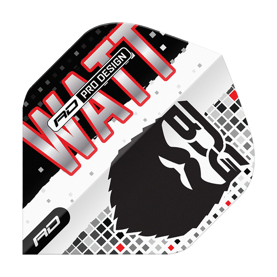 Das Bild zeigt das Produkt "Red Dragon Hardcore Jason Watt BDG Premium No2 Standard Flights". Auf dem Flight sind der Name "WATT", ein stilisiertes Gesicht und das Logo "RD" zu sehen.