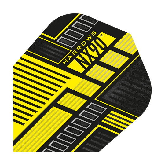 Das Bild zeigt das Produkt "Harrows Prime NX90 Yellow Flights". Es hat ein modernes Design mit gelben, schwarzen und grauen Linien und Mustern.