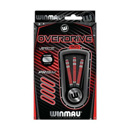 2429_Winmau_Overdrive_Softdarts_3TE2RVvS6TKyDy Das Bild zeigt die Verpackung der "Winmau Overdrive Softdarts - 20g". In der Verpackung sind drei hochwertige Softdarts mit roten und silbernen Details zu sehen.