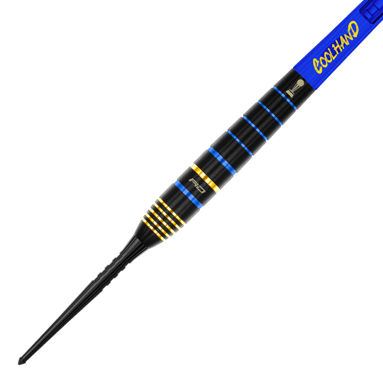 Red Dragon Luke Humphries TX4 Avenger steel darts Das Bild zeigt einen Red Dragon Luke Humphries TX4 Avenger Steeldart. Der Dart ist schwarz mit blauen und goldenen Ringen sowie einem blauen Schaft mit der Aufschrift "COOLHAND".