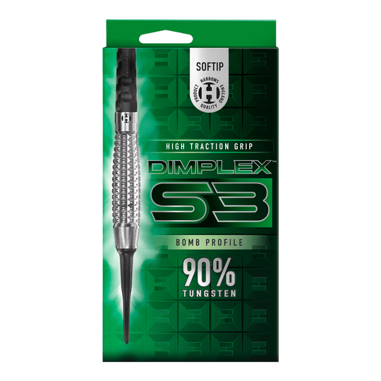 Harrows Dimplex S3 Bomb soft darts Das Bild zeigt eine Verpackung der "Harrows Dimplex S3 Bomb Softdarts". Auf der Verpackung steht, dass die Darts eine hohe Grifftraktion haben und aus 90% Wolfram bestehen.