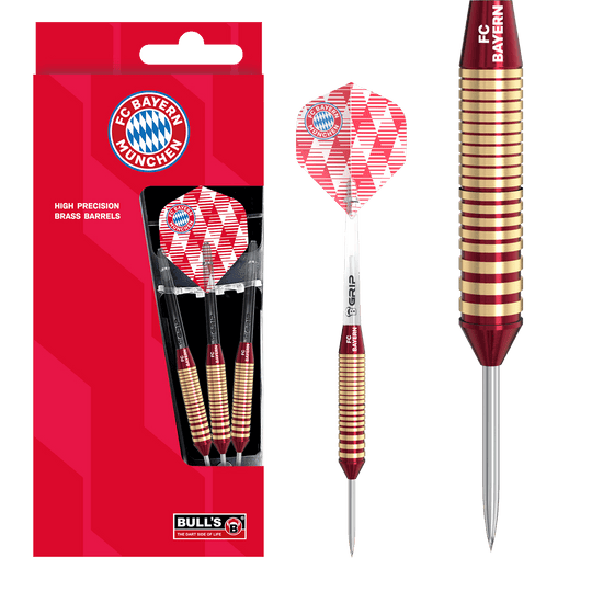 Bulls FC Bayern Munich Brass Steel Darts - 21g Abgebildet sind die Bulls FC Bayern München Brass Steeldarts mit einem Gewicht von 21g. Das Produkt ist ideal für Fans des FC Bayern München und Steeldartspieler.