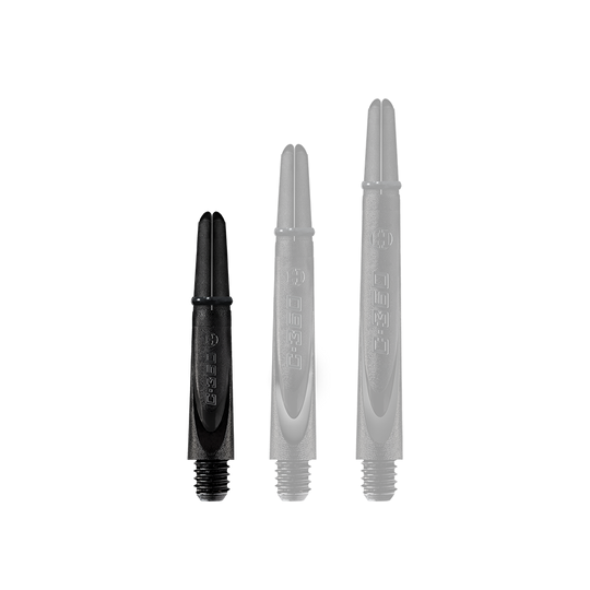 HR458_Harrows_Carbon_360_Shafts_Schwarz_35mm_1 Das Bild zeigt drei schwarze Harrows Carbon 360 Shafts in unterschiedlichen Längen. Sie sind nebeneinander aufgereiht und haben ein schlichtes, modernes Design.