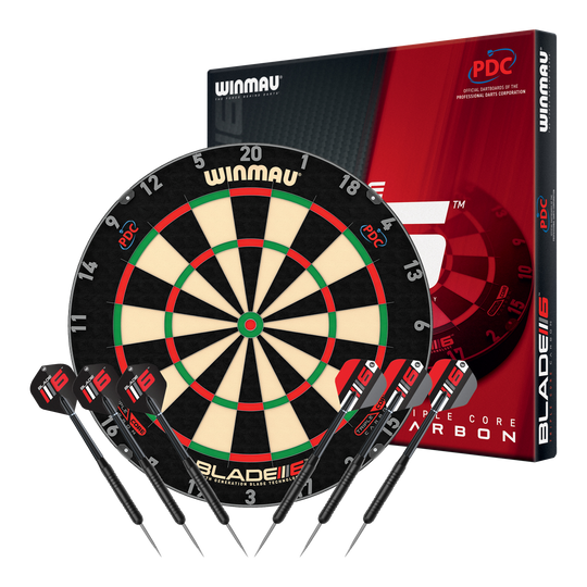 Das Bild zeigt das Produkt "810008_Winmau_Blade6_TripleCore_Starter_Bundle_1". Es ist ein Starter-Set für Dartspieler.