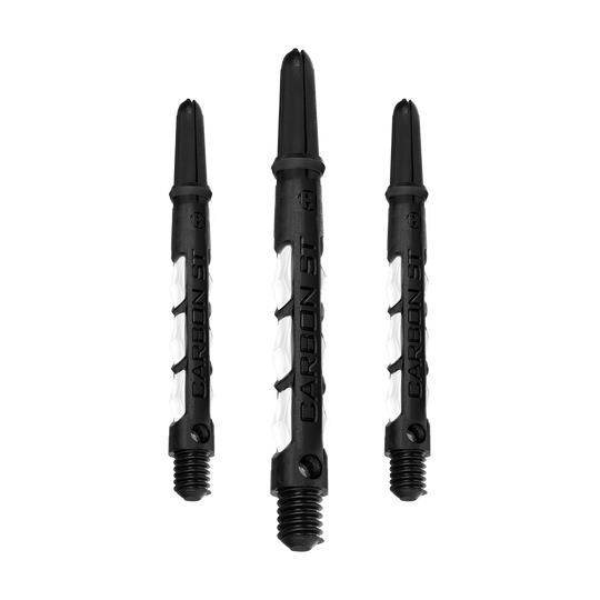 HR439_Harrows_Carbon_ST_Shafts_Weiss_47mm_13is9Gn9iaXzdc Das Bild zeigt drei Harrows Carbon ST Shafts in Weiß. Die Dartschäfte sind schwarz mit weißen Akzenten und dem Schriftzug "CARBON ST".