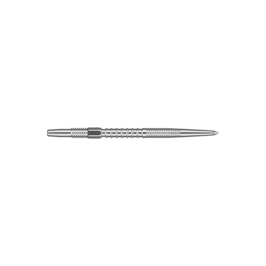Target Swiss Firepoint Silver dart tips Das Bild zeigt eine silberne Dartspitze mit feinen Rillen. Sie ist lang, schlank und aus Metall gefertigt.