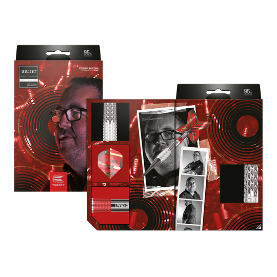 Target Stephen Bunting GEN5 Soft Darts - 18g Auf dem Bild ist die Verpackung der "Target Stephen Bunting GEN5 Softdarts - 18g" zu sehen. Die Verpackung zeigt ein Porträt von Stephen Bunting und mehrere Produktdetails vor einem roten, auffälligen Hintergrund.