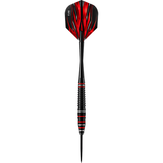Auf dem Bild ist der Harrows Fire High Grade Alloy Steeldart zu sehen. Der Dartpfeil hat ein auffälliges Design in Schwarz und Rot.
