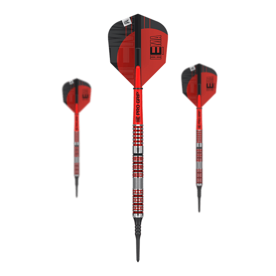Target Hema 10 soft darts Das Bild zeigt drei Softdarts des Produkts "Target Hema 10". Die Darts sind in Rot und Silber gestaltet und haben schwarze Spitzen.