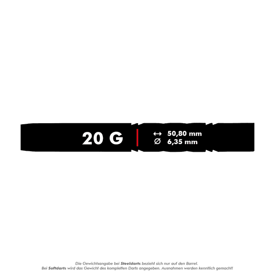RD2546_Red_Dragon_Gerwyn_Price_Avalanche_Gold_Softdarts_5_20g Das Bild zeigt den Red Dragon Gerwyn Price Avalanche Gold Softdart mit einem Gewicht von 20 Gramm. Die Länge beträgt 50,80 mm und der Durchmesser 6,35 mm.