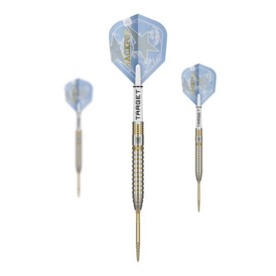 Zu sehen sind die Target Adrian Lewis Showdown Swiss Points Steeldarts. Es handelt sich um hochwertige Darts mit Swiss Points Spitzen.