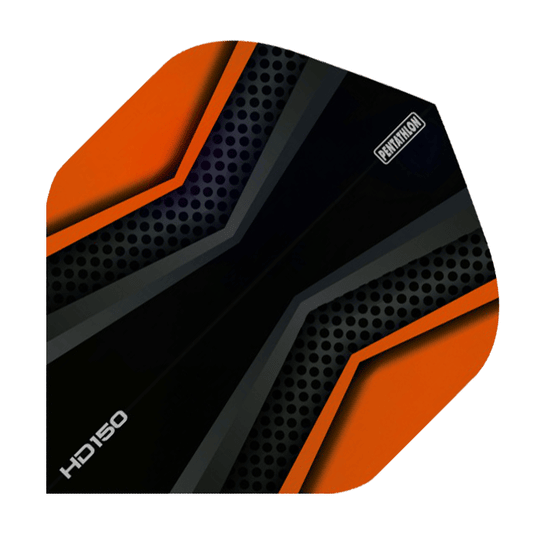 HD2028-Pentathlon-HD150-Black-Orange Das Bild zeigt ein Dart-Flight mit dem Namen "HD 150 Pentathlon Flights Black/Orange". Es ist überwiegend schwarz mit orangefarbenen Akzenten und einem modernen, sportlichen Design.