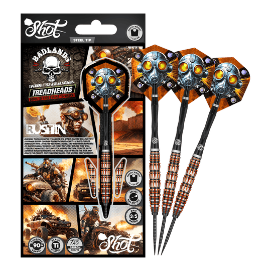 Shot Badlands Rustin Steel Darts - 23g Das Bild präsentiert den Shot Badlands Rustin Steeldarts - 23g. Der komplette Dartpfeil ist abgebildet.