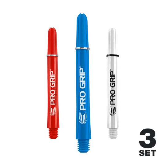 Auf dem Bild sind drei Dart-Schäfte in den Farben Rot, Blau und Weiß zu sehen. Sie tragen die Aufschrift "PRO GRIP" und sind als 3er-Set dargestellt.