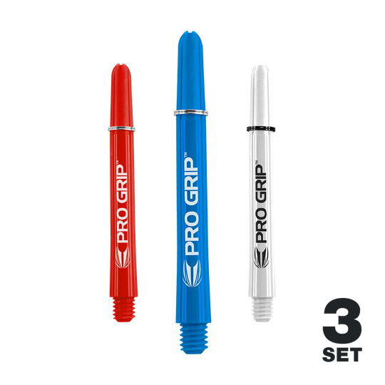 Target Pro Grip Shafts - 3 Sets - Red Blue White Auf dem Bild sind drei Dart-Schäfte in den Farben Rot, Blau und Weiß zu sehen. Sie tragen die Aufschrift "PRO GRIP" und sind als 3er-Set dargestellt.