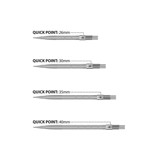Hier sind Harrows Quick Point Micro Ridge Dartspitzen in Silber zu sehen. Sie haben eine gerillte Oberfläche für besseren Halt.