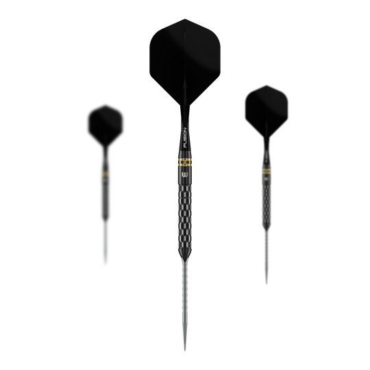 Zu sehen ist ein Set Winmau Gian Van Veen TS-PRO Switch Point Steeldarts. Die Darts liegen als kompletter Satz nebeneinander.
