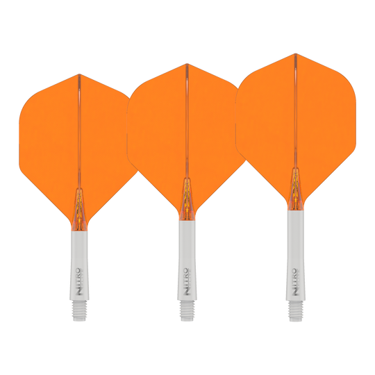 Red Dragon Nitroflite White Shaft Orange Flights No2 Das Bild zeigt das Produkt Red Dragon Nitroflite White Shaft Orange Flights No2. Es handelt sich um einen weißen Dart-Schaft mit orangefarbenen Flights.