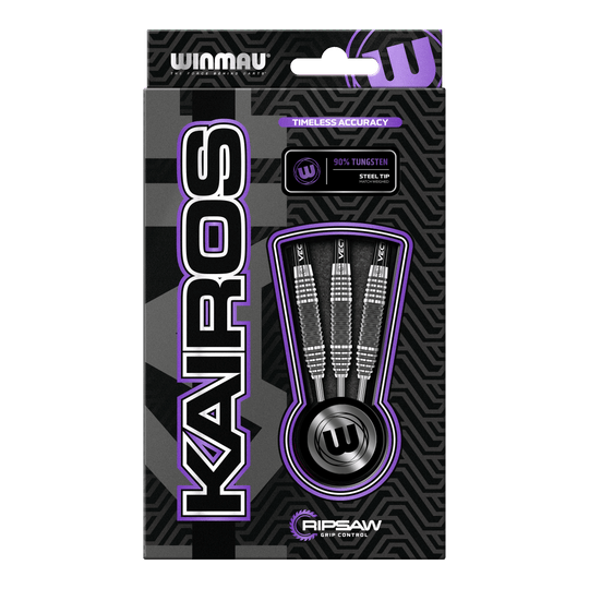 Winmau Kairos 01 Steeldarts Die Abbildung zeigt die Verpackung der "Winmau Kairos 01 Steeldarts". In der Verpackung sind drei hochwertige Steeldarts mit 90% Tungsten-Anteil zu sehen.