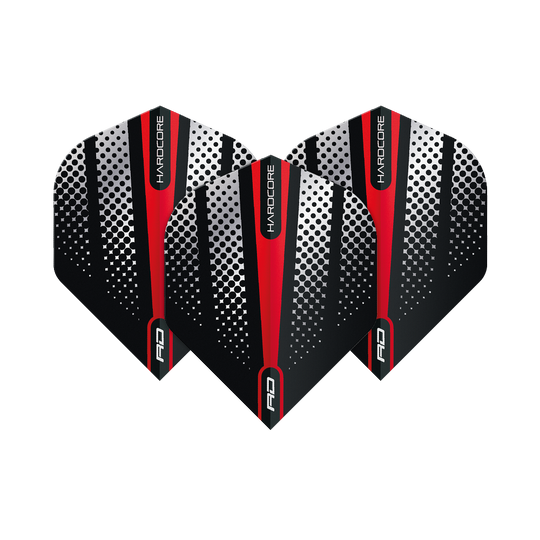 TF6512_Red_Dragon_Hardcore_Radical_Red_Flash_Standard_Flights_1KoWbG5dKXYxY0 Das Bild zeigt drei Dart-Flights des Produkts "Red Dragon Hardcore Radical Red Flash Standard Flights". Die Flights sind schwarz mit weißen Punkten und roten Streifen gestaltet.