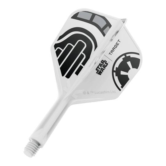 Ein Dart-Flight aus der Star Wars KFlex Stormtrooper No6 Serie wird gezeigt. Dieser Flight ist kurz und misst 19 mm.