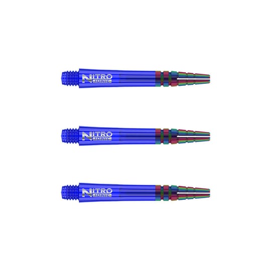 C601_Nitro_Ionic_Short_Blue_Shafts Das Bild zeigt drei blaue RedDragon Nitrotech Ionic Shafts. Sie sind nebeneinander angeordnet und haben silberne Schriftaufdrucke.