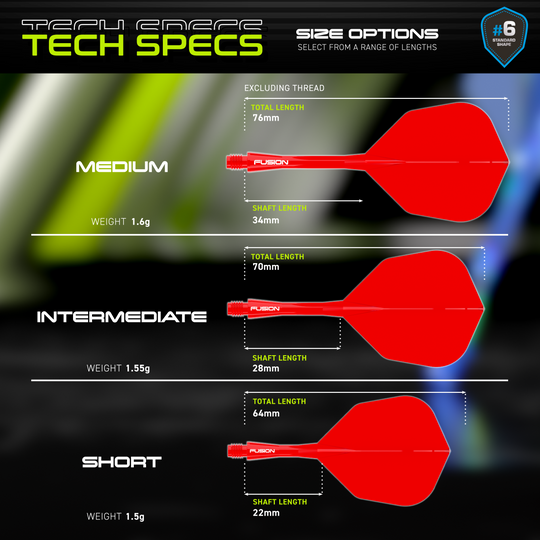 Das Bild zeigt das Winmau Fusion Flight-Shaft-System No6 in Rot. Es handelt sich um ein spezielles Dart-Zubehör für präzises Werfen.