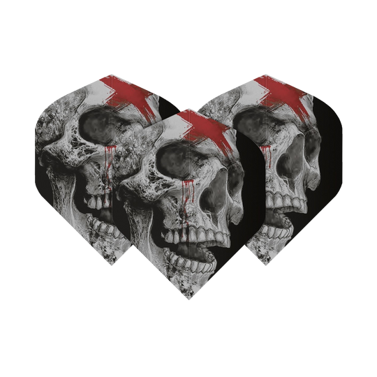 ALC20_Alchemy_Bring_Out_Your_Dead_Standard_Flights_10psixUi5yHPjx Das Bild zeigt drei Dartflights mit Totenkopf-Design. Jeder Totenkopf hat einen roten Strich und Blutflecken auf der Stirn.