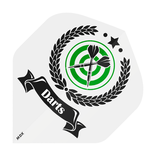 MD-401-Log_2-Seitig_Bedruckte_Flights_Logo_MDX_2 Das Bild zeigt ein grünes Dart-Ziel mit zwei schwarzen Dartpfeilen in der Mitte. Darum herum ist ein schwarzer Lorbeerkranz und ein Banner mit dem Wort "Darts".