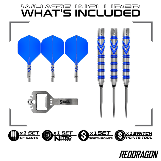 Hier sind die Red Dragon Gerwyn Price Blue Original Switch Point Steeldarts abgebildet. Sie zeichnen sich durch ihr blaues Design und hohe Präzision aus.