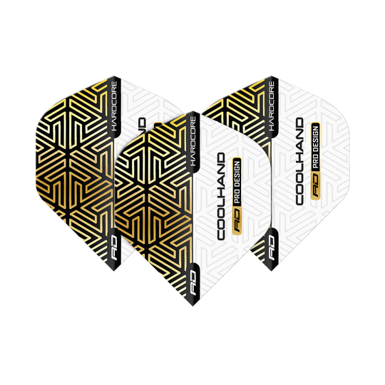 Red Dragon Hardcore Luke Humphries Gold White Premium Standard Flights Das Bild zeigt die "Red Dragon Hardcore Luke Humphries Gold White Premium Standard Flights". Die Flights sind weiß mit gold-schwarzem geometrischem Muster und schwarzem Schriftzug.