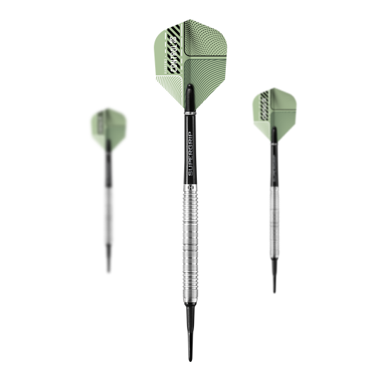 Harrows Control Parallel Softdarts Das Bild zeigt drei Harrows Control Parallel Softdarts mit grünen Flights und silbernen Griffen. Die Dartpfeile sind von vorne und von der Seite zu sehen.