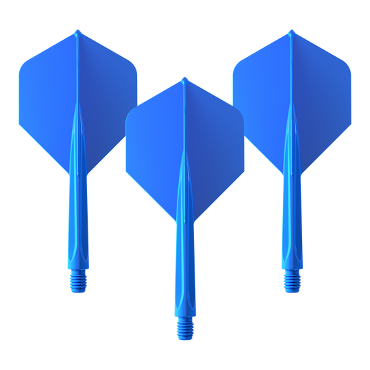 Unicorn Forge All In One Plus No2 Standard Flights Blue - Medium Das Bild zeigt drei blaue Dart-Flights des Produkts "Unicorn Forge All In One Plus No2 Standard Flights Blau - Medium". Sie sind mittelgroß und haben eine standardisierte Form.