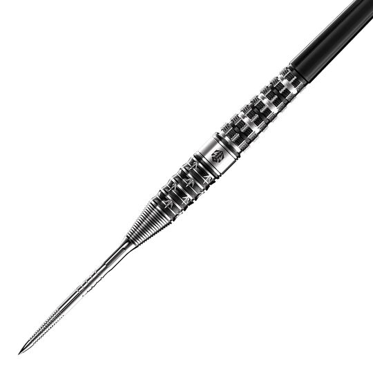 Das Bild zeigt den Caliburn Player The Pandaman Advanced Steeldarts mit einem Gewicht von 23g. Der Dartpfeil hat ein silbernes, strukturiertes Metall-Design und eine scharfe Spitze.