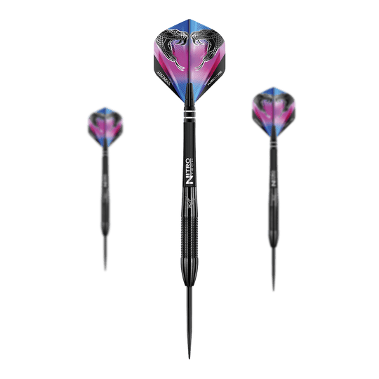 Red Dragon Peter Wright Snakebite 3 Black Steeldarts Auf dem Bild sind drei schwarze Steeldarts der Marke "Red Dragon Peter Wright Snakebite 3" zu sehen. Die Flights zeigen ein buntes Design mit zwei Schlangenköpfen.